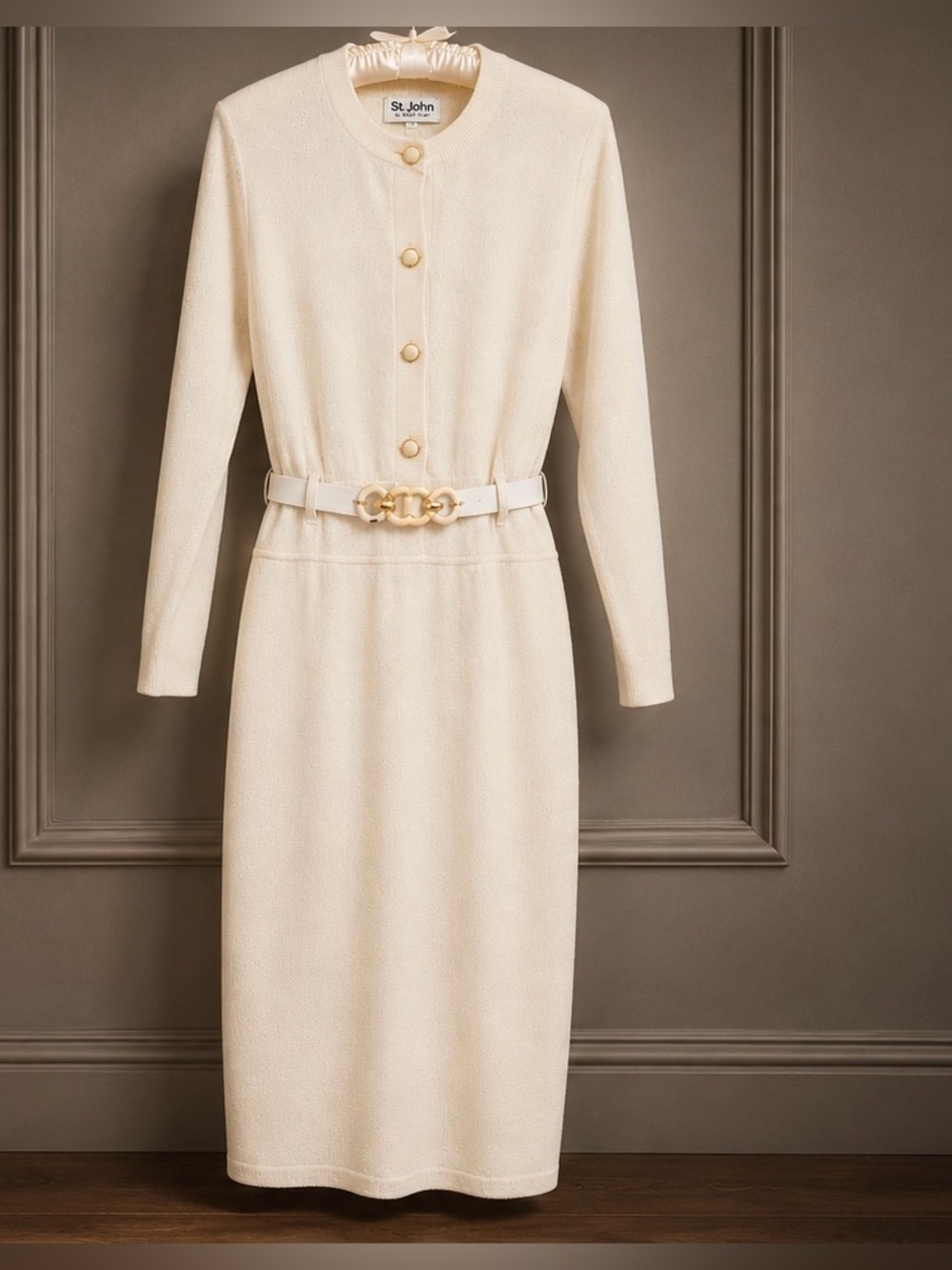 Size 6 St. John by Marie Gray Vintage Ivory Knit Belted Dress Gold Enamel Button